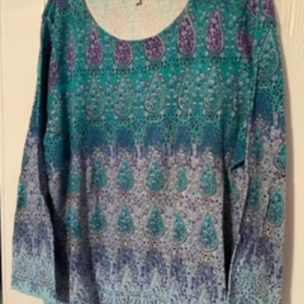 Talbots	plus size 3x	round neck tear drop print in purple/teal/blues